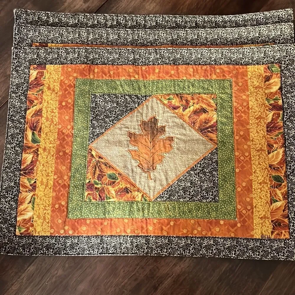 Autumnal Set of 3 Leaf Reversible Quilted Placemats and (3) Napkin Mismatch Set